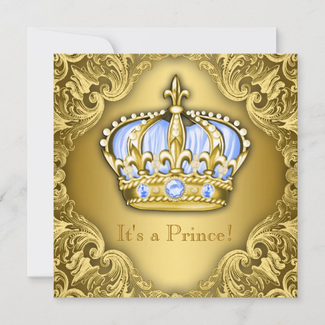 Fancy Prince Baby Shower Baby Blue Gold Invitation (Front)
