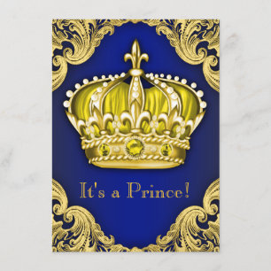 Fancy Prince Baby Shower Blue and Gold Invitation