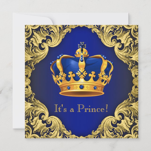 Fancy Prince Baby Shower Blue Gold Invitation (Front)