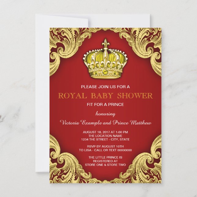 Fancy Prince Baby Shower Red and Gold Invitation (Back)