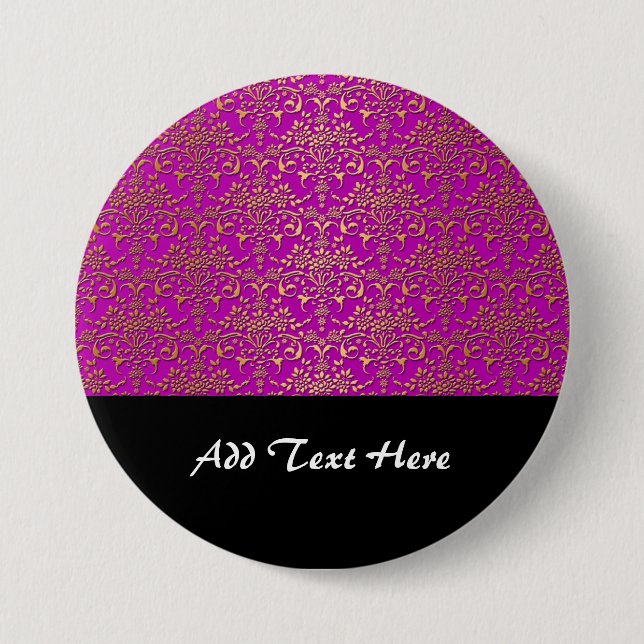 Fancy Purple and Gold Damask Pattern 3 Inch Round Button (Front)