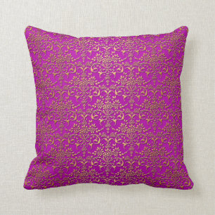 Fancy Purple and Gold Damask Pattern Throw Pillow