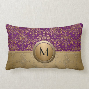 Fancy Purple and Gold Monogram Damask Pattern Lumbar Pillow