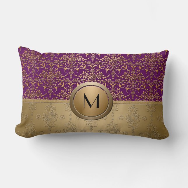 Fancy Purple and Gold Monogram Damask Pattern Lumbar Pillow (Front)