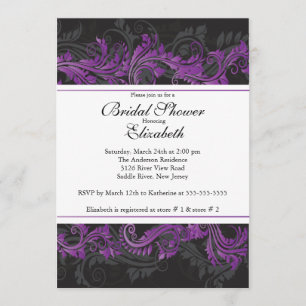 Fancy Purple Black Damask Bridal Shower Invitation
