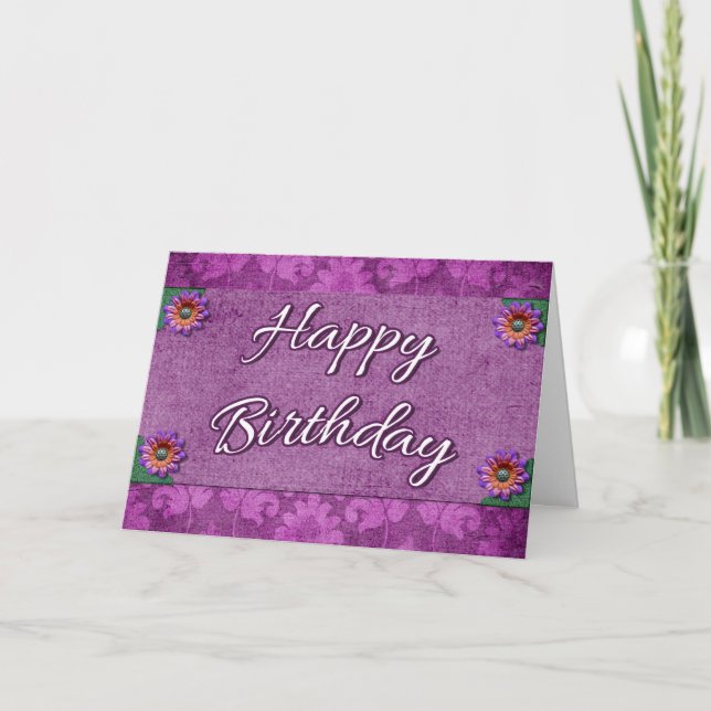 Fancy Purple Damask Joyeux Fleurs de cartes d'anni (Devant)