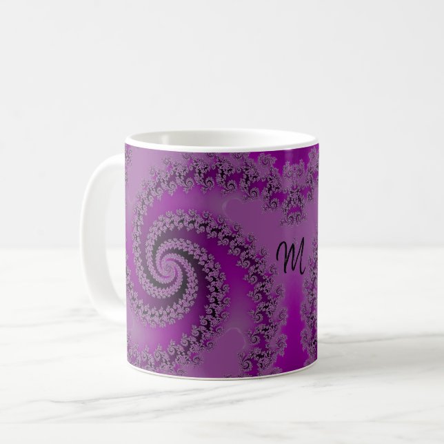 Fancy Purple Double Spiral Fractal with Monogram Coffee Mug (Front Left)