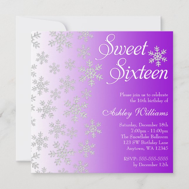 Fancy Purple Snowflakes Winter Wonderland Sweet 16 Invitation (Front)