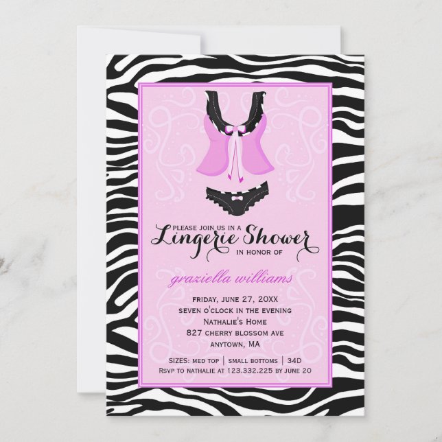 Fancy Purple Zebra Lingerie Shower Bachelorette Invitation (Front)