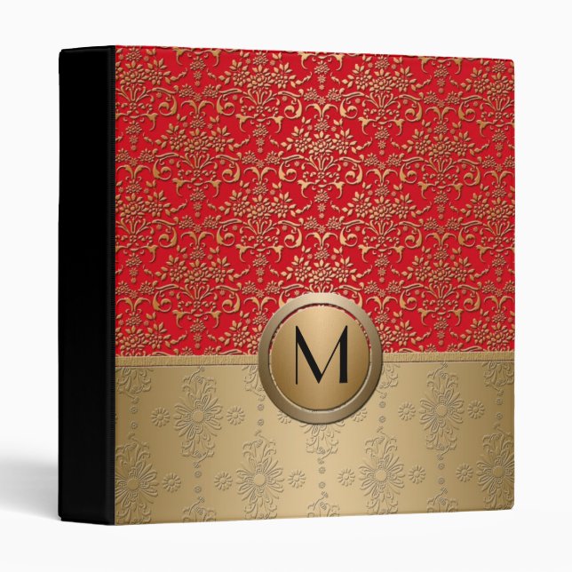 Fancy Red and Gold Monogram Damask Pattern Binder (Front/Spine)