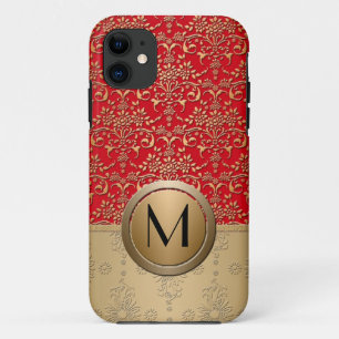 Fancy Red and Gold Monogram Damask Pattern iPhone 11 Case