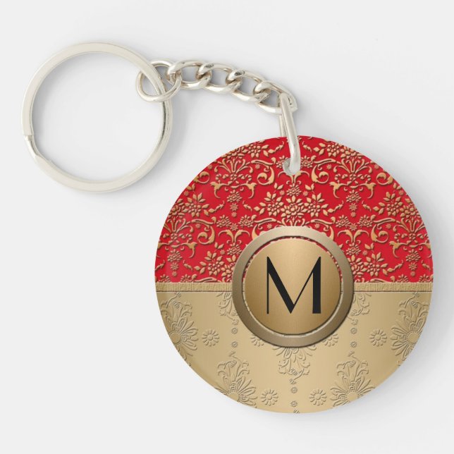 Fancy Red and Gold Monogram Damask Pattern Keychain (Front)
