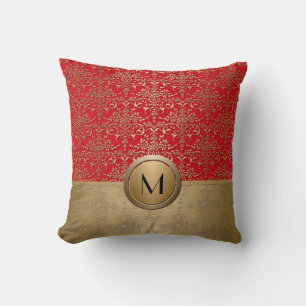 Fancy Red and Gold Monogram Damask Pattern Throw Pillow