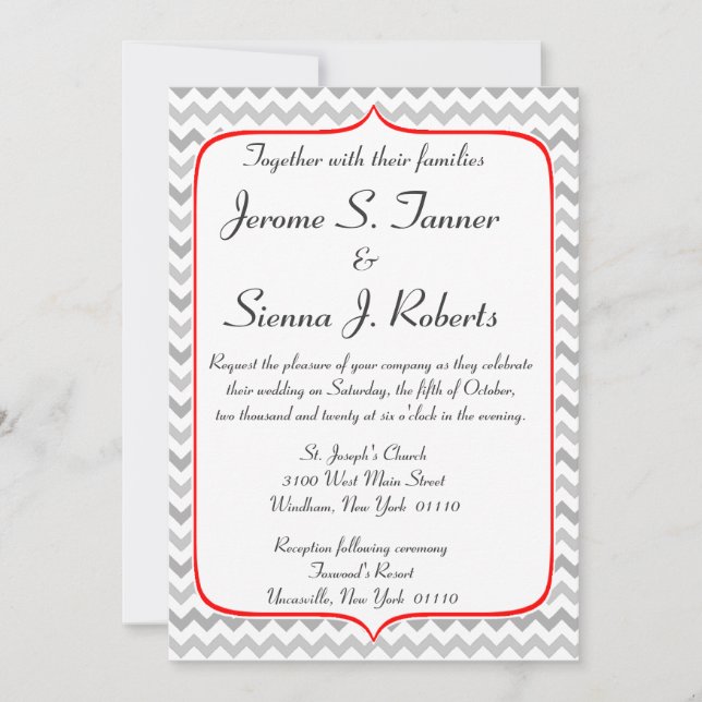 Fancy Red and Grey Chevron Wedding Invitation (Front)