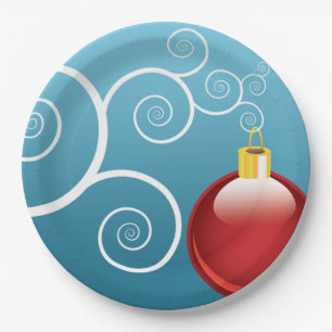 Fancy Red Christmas Ornament Blue Background Paper Plate