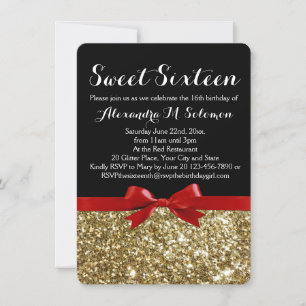 Fancy Red Glitter Bow Sweet 16 Party Invitation