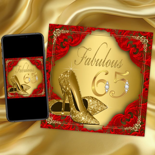 Fancy Red Gold High Heel Fabulous 65th Birthday Invitation (Womans 65th birthday party invitation with gold high heel shoe on an elegant red and gold background)