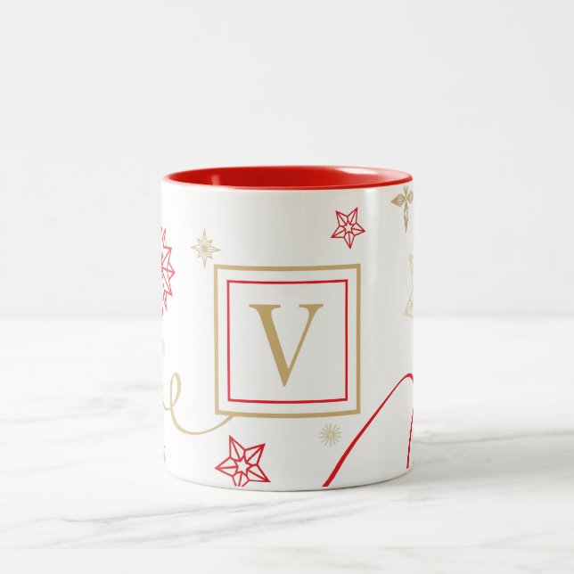 Fancy Red Gold Snowflakes Monogram Two-Tone Coffee Mug (Center)