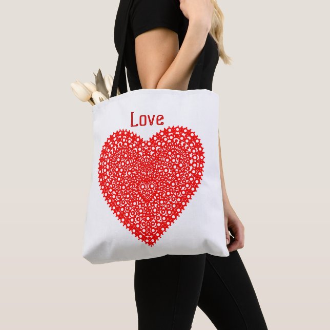 Fancy Red Heart Circles Personalized Tote Bag (Close Up)