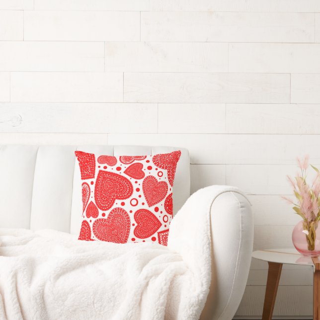 Fancy Red Hearts and Dots Pattern 16inch Throw Pillow (Couch)