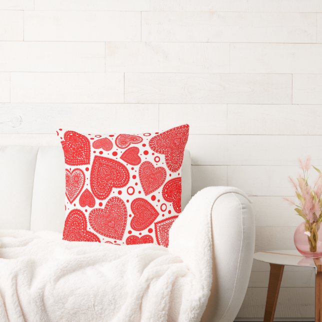 Fancy Red Hearts and Dots Pattern 20in Throw Pillow (Couch)