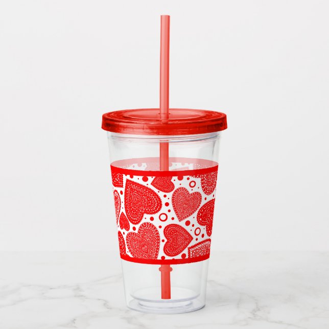 Fancy Red Hearts and Dots Pattern Acrylic Tumbler (Front)
