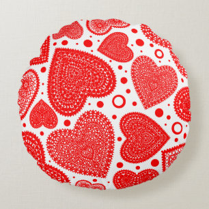 Fancy Red Hearts and Dots Pattern Round Pillow