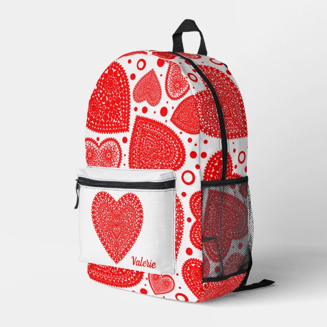 Fancy Red Hearts Personalized Printed Backpack (Back Corner Right)