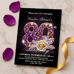 Fancy Regal Rose Amethyst Gold 80th Birthday Invitation<br><div class="desc">Invite guests to an unforgettable 80th birthday with this dazzling invitation! The design showcases a magnificent "80" crafted from rich, gold settings studded with brilliant purple jewels and delicate pearls. A beautiful beige rose with subtle purple leaves gracefully adorns the base, all set against a sophisticated dark background for a...</div>