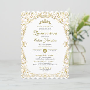 Fancy Regal White Gold Elegant Quinceanera Invitation