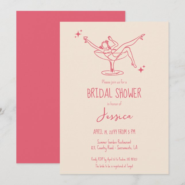 Fancy retro Bridal Shower cocktail hand drawn Invitation (Front/Back)