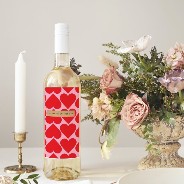 Fancy Romantic Red & Pink Hearts Pattern With Name Wine Label (Creator Uploaded)