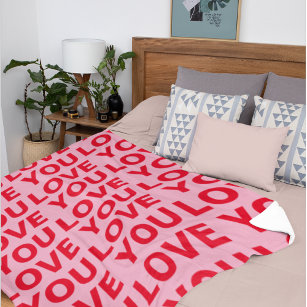 Fancy Romantic Red & Pink Love You Pattern  Fleece Blanket