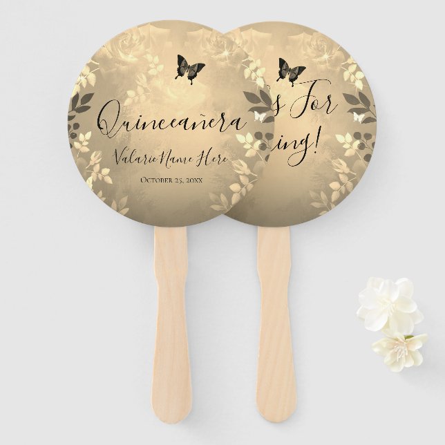 Fancy Roses Quinceanera Gold Favour Bag Hand Fan (Front and Back)