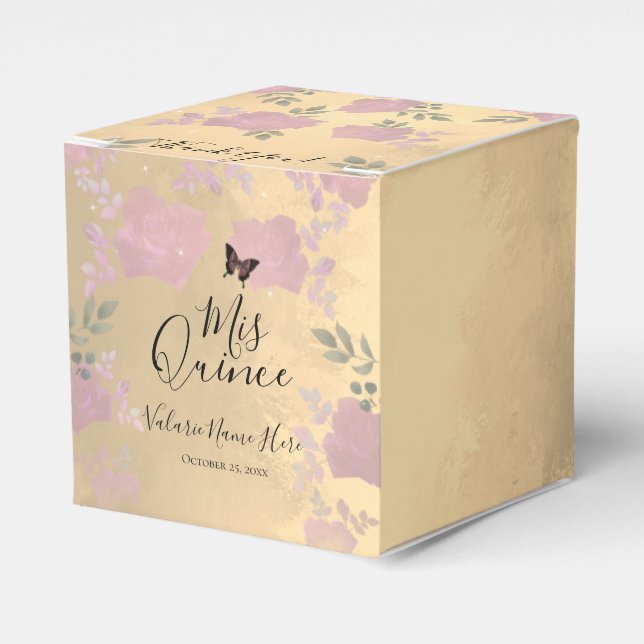 Fancy Roses Quinceanera Gold Favour Box (Front Side)