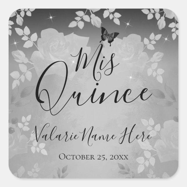 Fancy Roses Quinceanera Silver Square Sticker (Front)