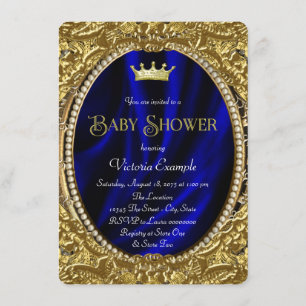 Fancy Royal Blue and Gold Prince Baby Shower Invitation