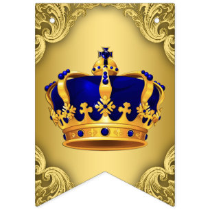 Fancy Royal Blue Gold Prince Crown Baby Shower Bunting Flags