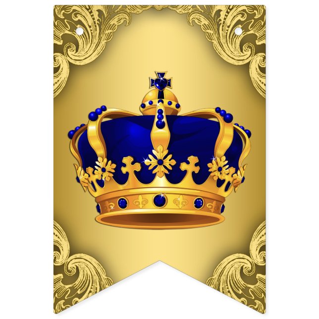Fancy Royal Blue Gold Prince Crown Baby Shower Bunting Flags (First Flag)
