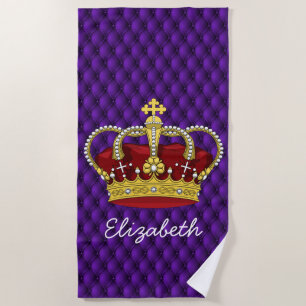 Fancy Royal Purple & Queen's Crown with Name Beach Towel