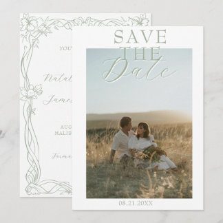 Fancy Sage Green Old Money Photo Retro Wedding Save The Date