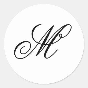 Fancy Script Calligraphy White and Black Monogram Classic Round Sticker