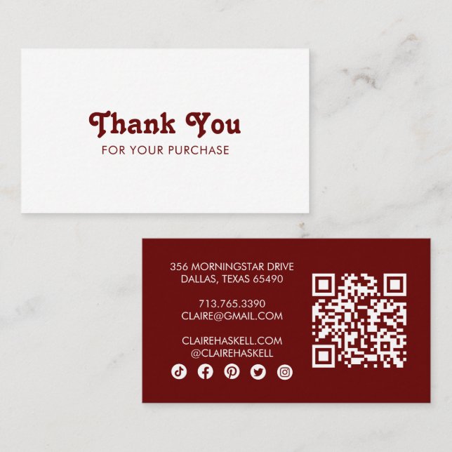 Fancy Script Chic Wine Order Thank You Minimal QR Business Card (Front/Back)