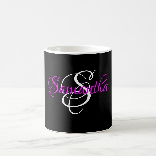 Fancy Script Customized Magenta Monogram Black Coffee Mug (Center)