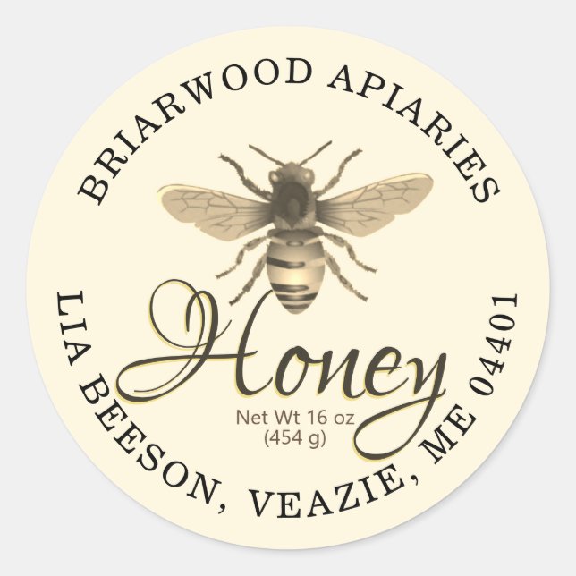 Fancy Script Editable Ivory Honey Label with Bee (Front)
