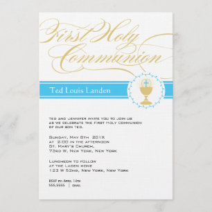 Fancy Script First Communion Invitations     Blue