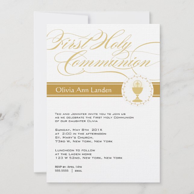 Fancy Script First Communion Invitations  |  Gold (Front)