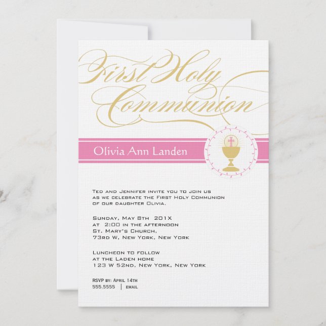 Fancy Script First Communion Invitations  |  Pink (Front)