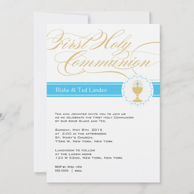 Fancy Script First Communion Invitations  |  Twins (Front)