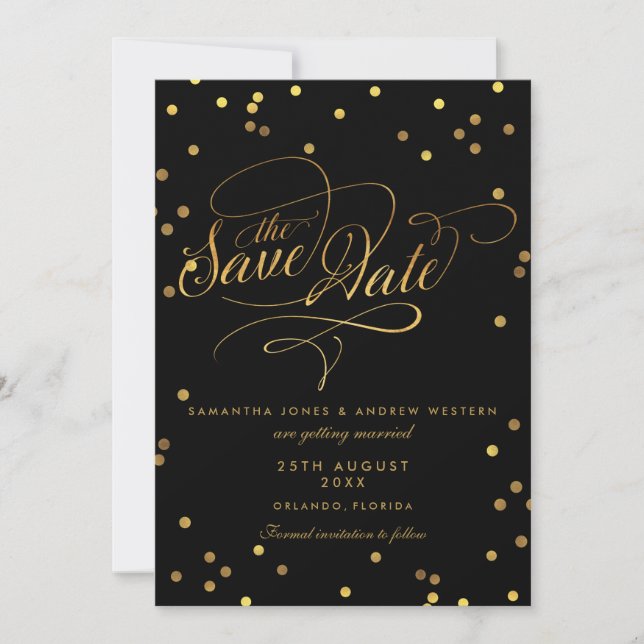 Fancy Script Gold Confetti Mariage Save The Date (Devant)
